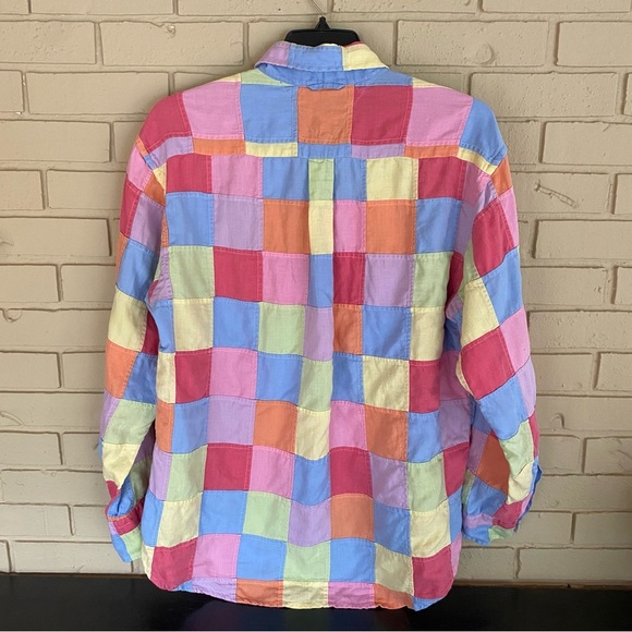 Y2K Tommy Hilfiger Button Down Linen Shirt Madras Patchwork Contrast Cuff Size L - Picture 6 of 8